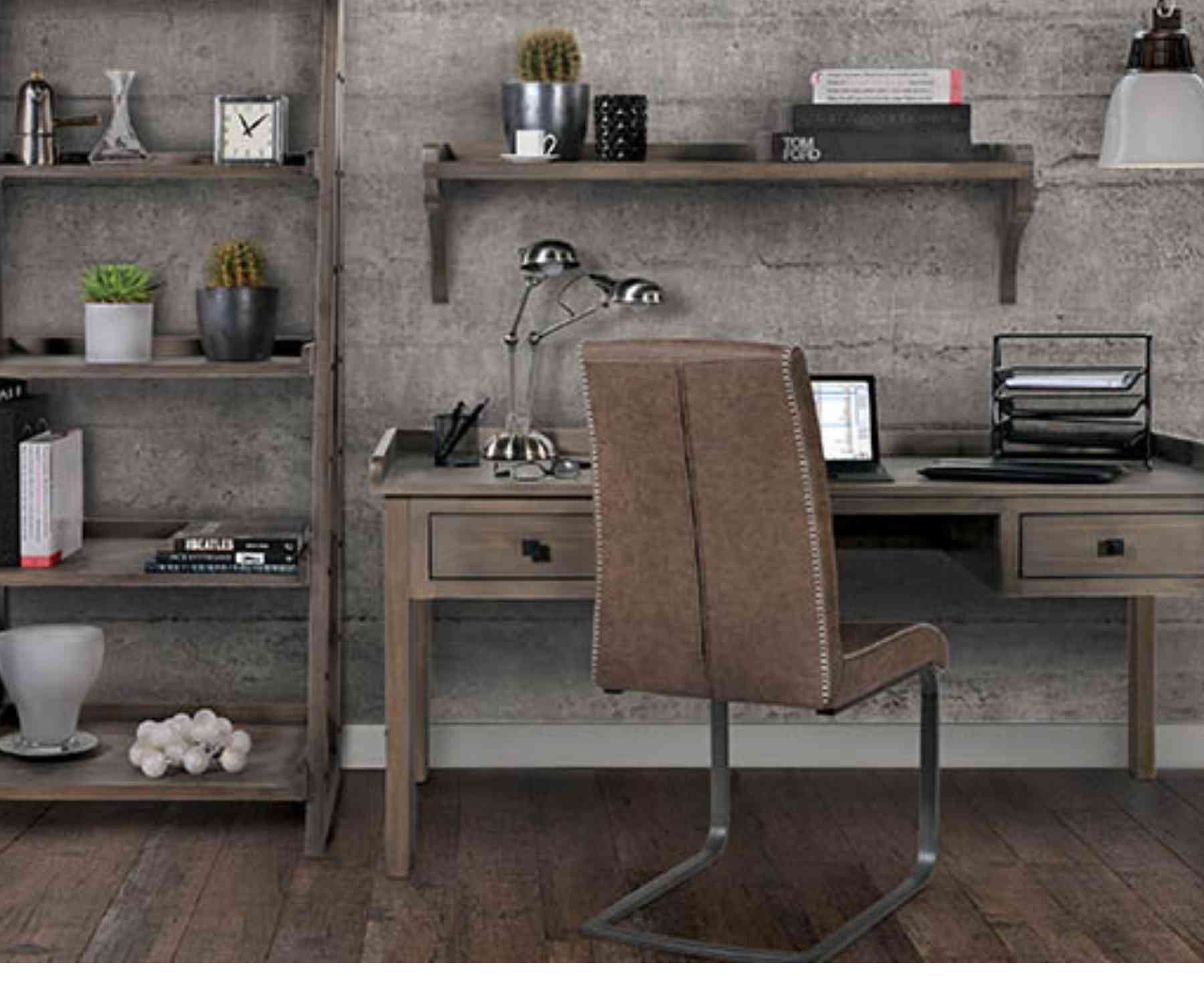 Home office with reclaimed wood desk and bookcase with beige fabric chair