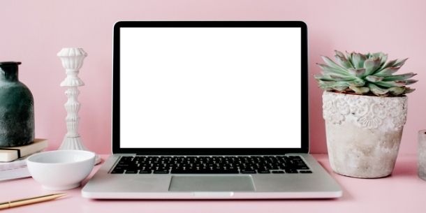 Laptop against pink wall with succulent in ceramic pot and white candlestick