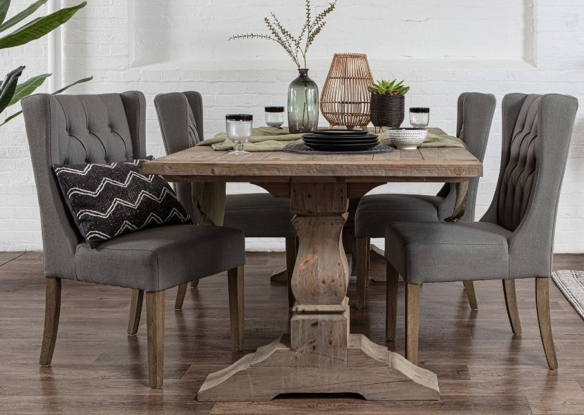 grey upholstered dining chairs with buttoned back