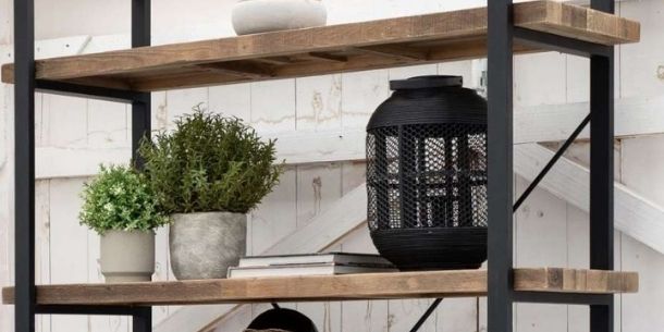 Black metal lantern on industrial bookcase for How to Style a Bookcase blog