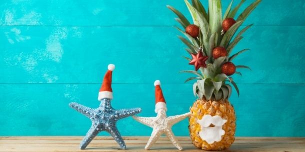 Pineapple with Christmas baubles hanging off leaves next to two starfish with Christmas hats