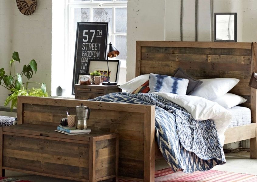 reclaimed wooden bed frame and wooden blanket box
