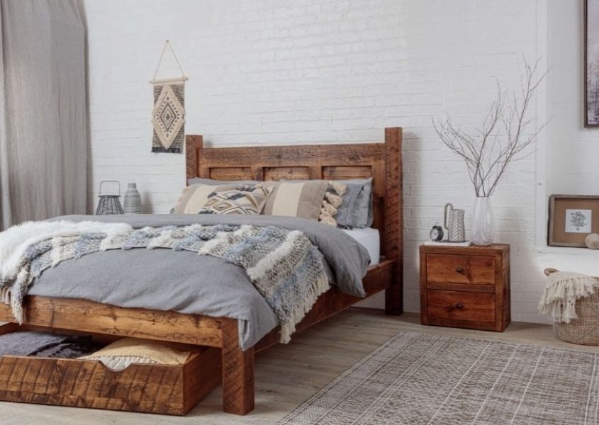 kingsize wooden bed frame with under bed storage and wooden bedside table