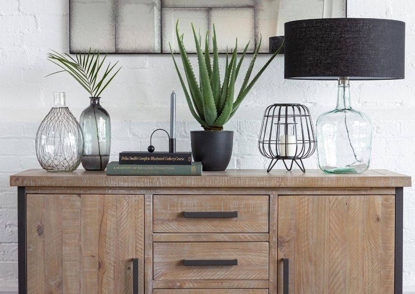 Industrial sideboard with glass table lam, glass vases and green aloe vera plant