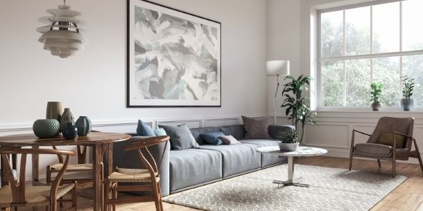 Neutral scheme living room with light grey sofa