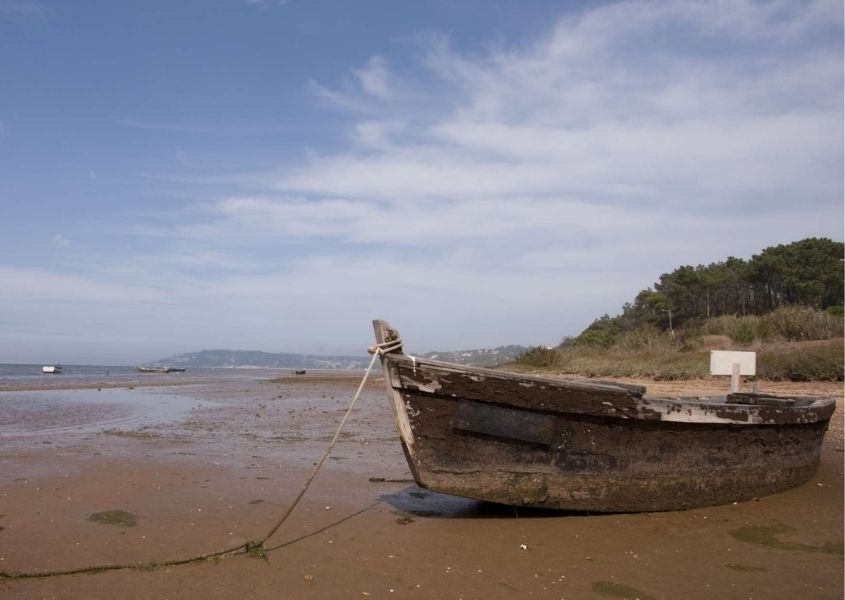 Sandy beach with old wooden boat on shore