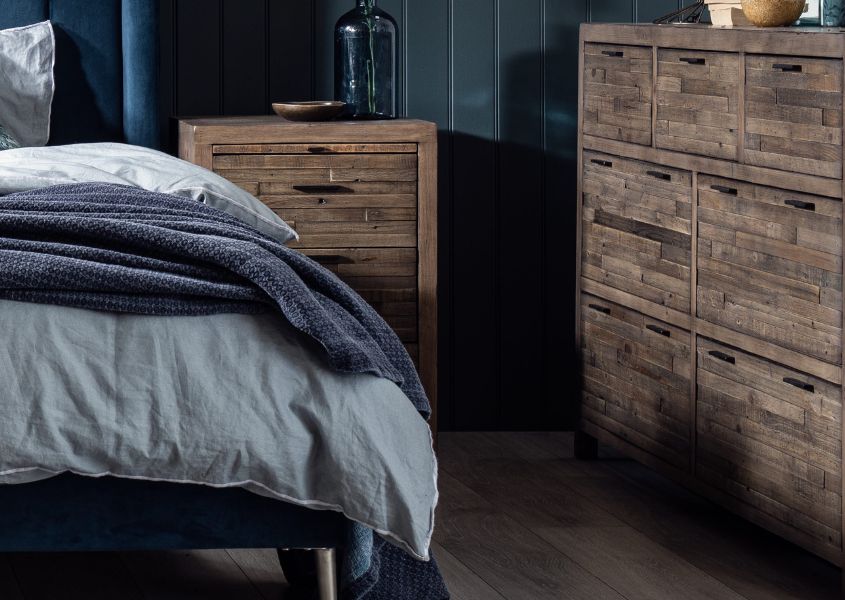 reclaimed wood chest of drawers and matching wooden bedside table
