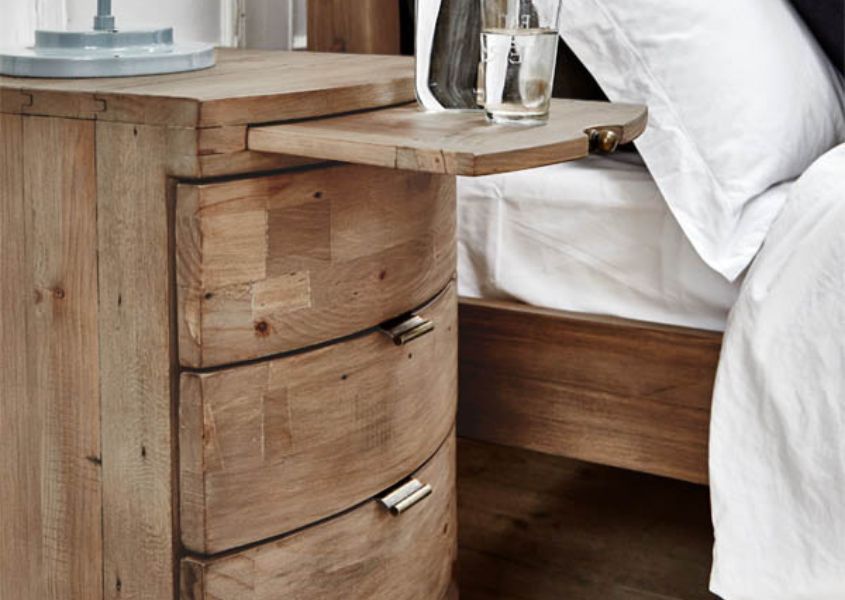 reclaimed wood bedside table with pull out drawer