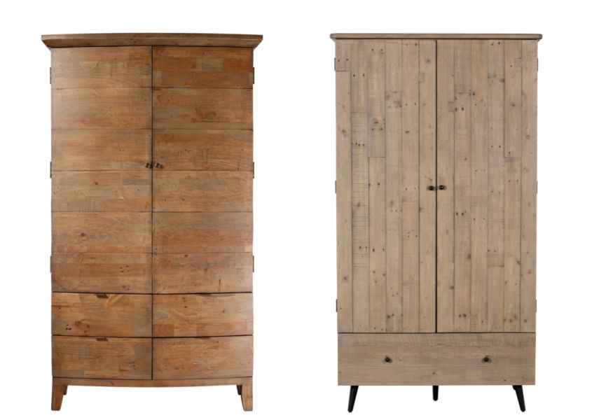 two wooden wardrobes in reclaimed wood with drawers