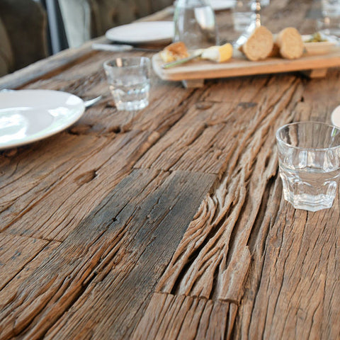Luxe Kensington reclaimed wood dining table close up sleeper