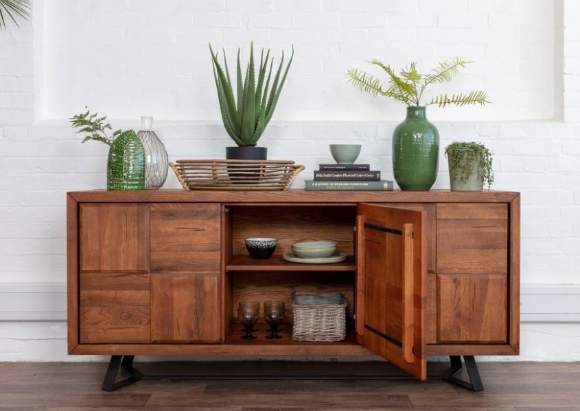 wooden sideboard with middle cupboard open