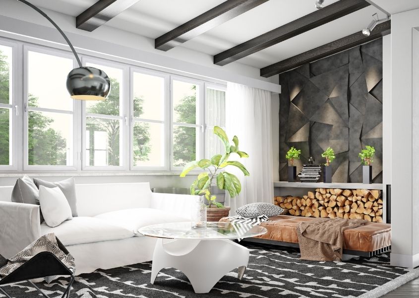 industrial style living room with white sofa and black and white rug