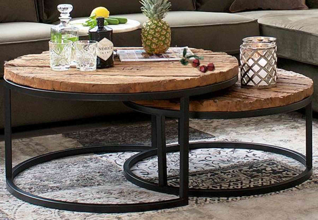 Reclaimed wood nest of coffee tables with black steel frame