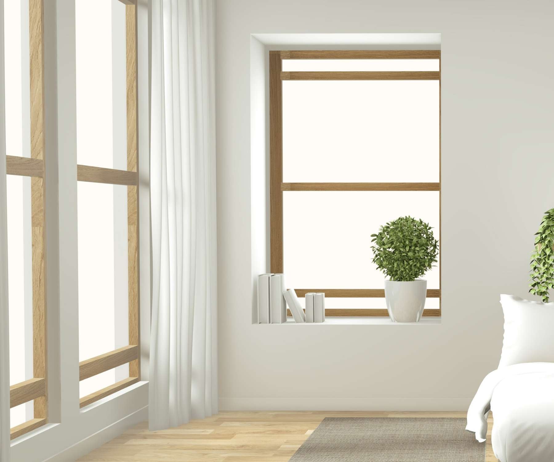 minimalist bedroom with large windows