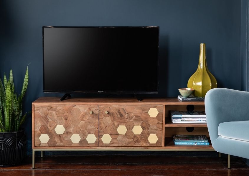 mango wood tv unit with two cupboards and shelf