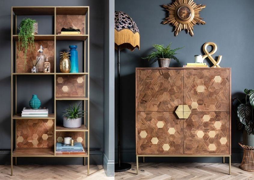 mango wood bookcase and high board cabinet with brass details