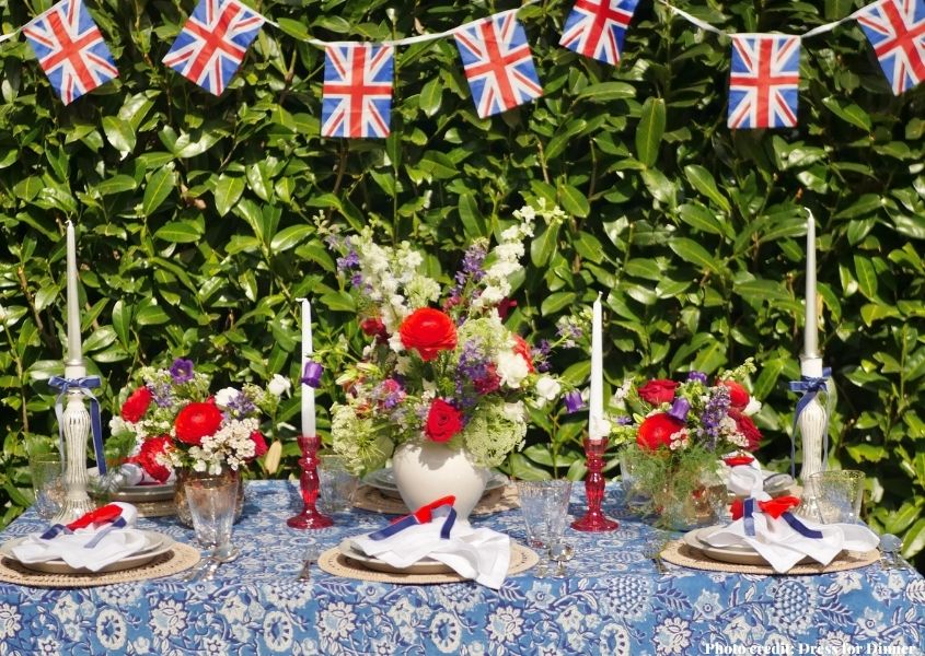 outdoor dining table decorated for platinum jubilee garden party