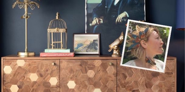 mango wood sideboard with gold accessories and thumbnail print of Kate Hill