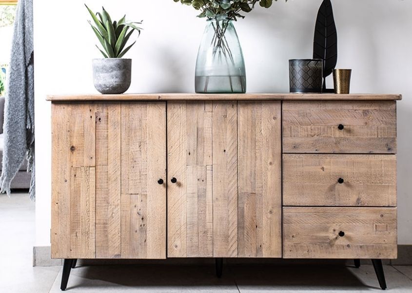 Reclaimed wood sideboard with two cupboards and three drawers