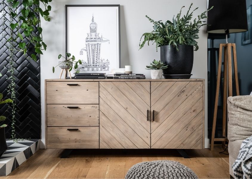 reclaimed wood sideboard with two cupboards and three drawers