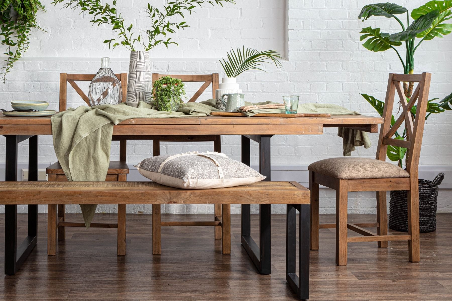 standford industrial dining table with wooden dining bench