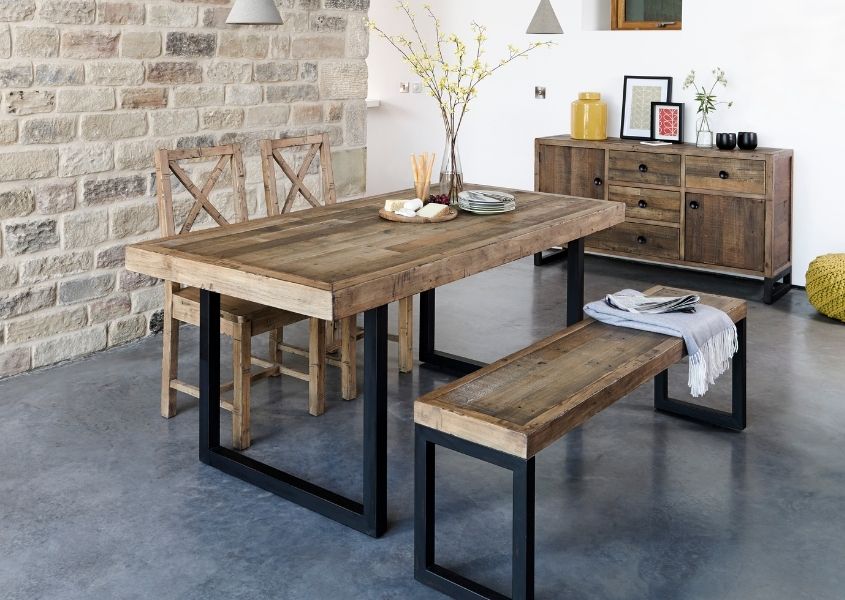 Industrial dining table and matching wooden dining bench