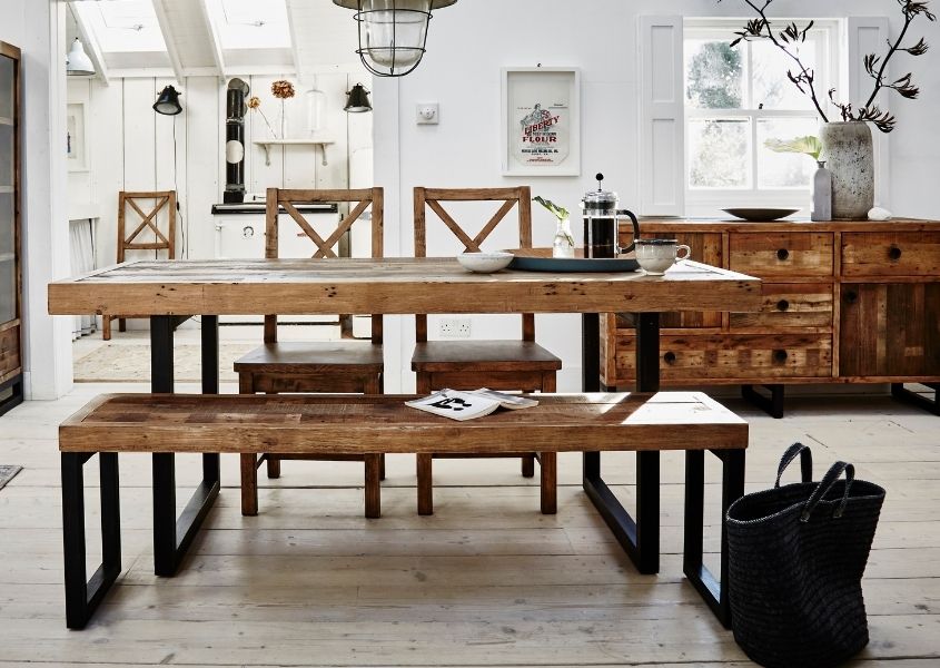 industrial dining table and wooden bench