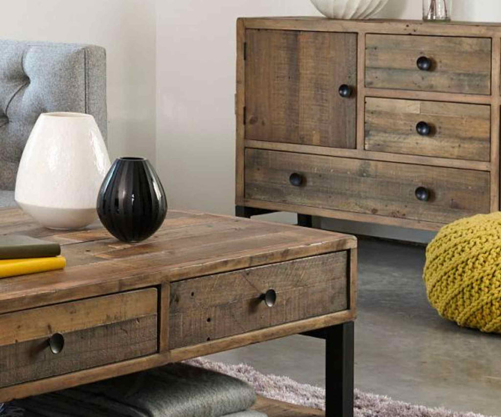 Reclaimed wood coffee table and sideboard with mustard pouff