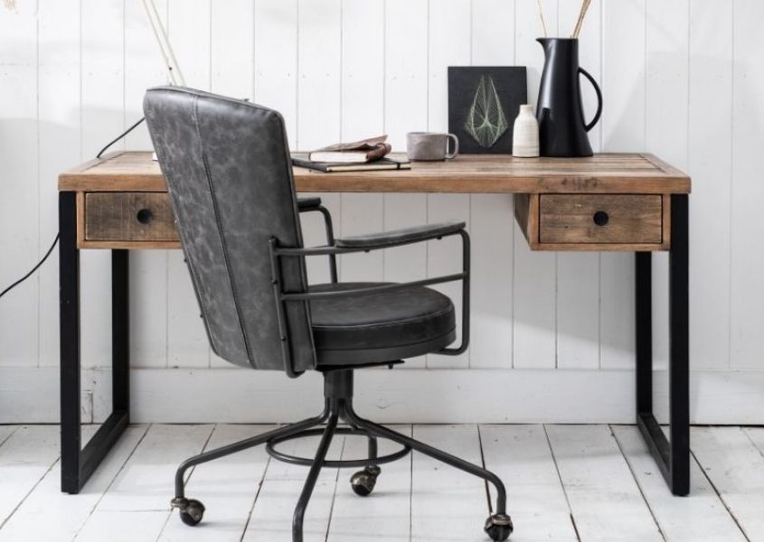 Industrial reclaimed wood desk with grey faux leather swivel office chair
