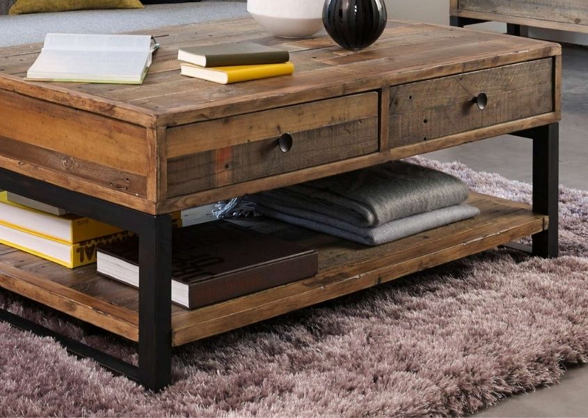 Industrial coffee table with two drawers and bottom shelf