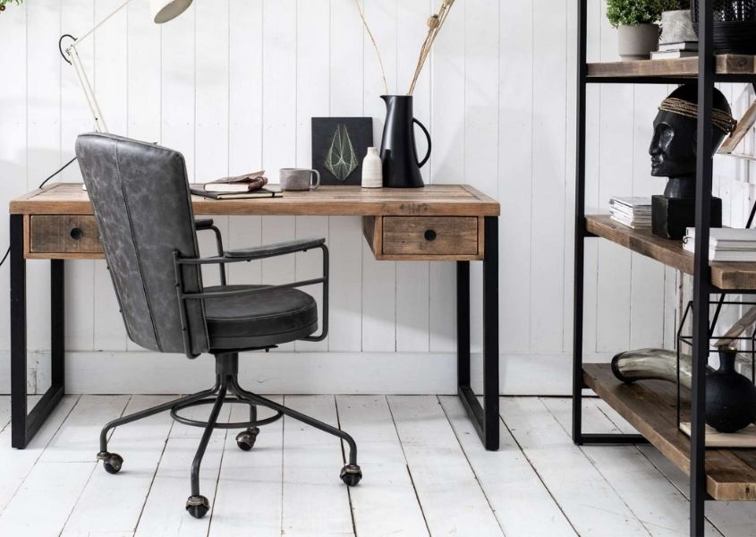 Industrial reclaimed wood desk with two drawers and grey faux leather swivel office chair