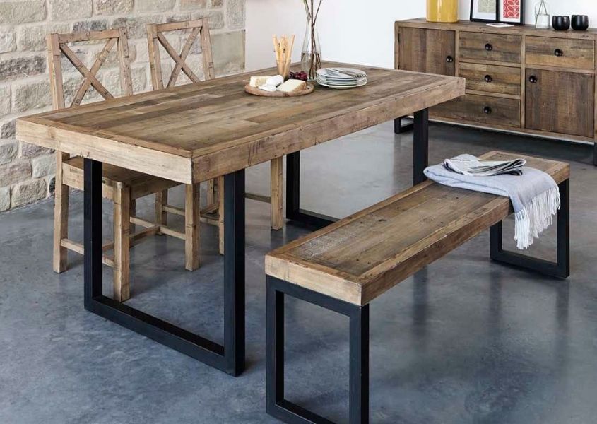 Industrial dining table with matching bench and sideboard
