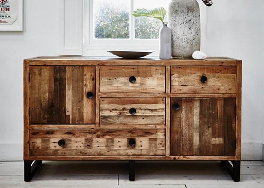 reclaimed wood sideboard with cupboards and drawers