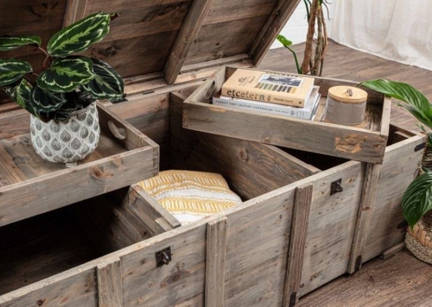 Rustic wooden chest with removable trays styled with a green plant