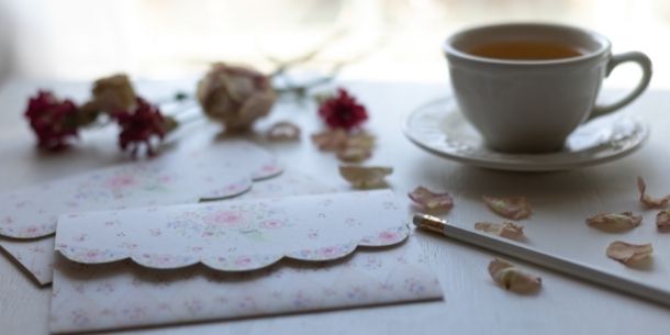 pink floral writing paper with cup and saucer
