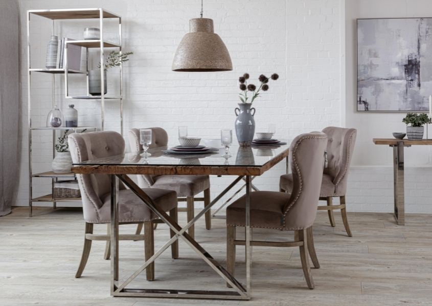reclaimed wood dining table with grey velvet dining chairs