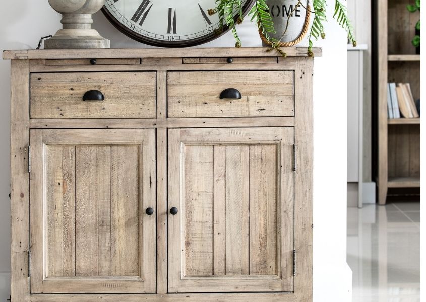 Rustic reclaimed wood sideboard with two drawers and cupboards