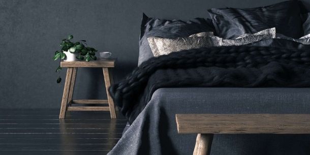 Rustic bedside table in dark bedroom for Top tips to create a cosy dark bedroom blog
