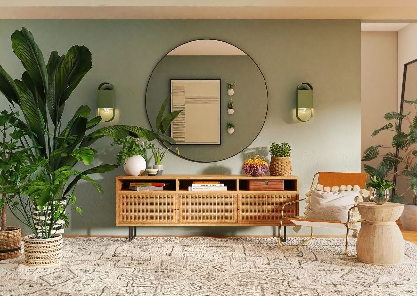 modern living room with wooden tv stand and large green plant