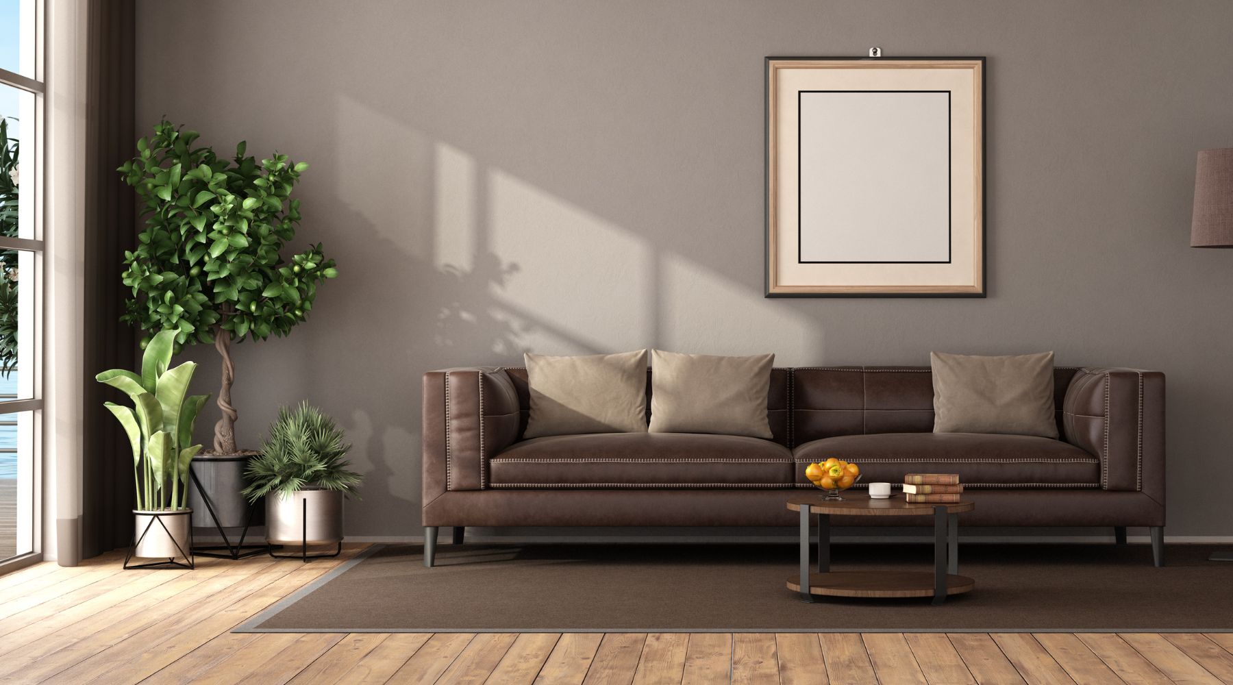 brown fabric sofa and other urban furniture in a modern living room