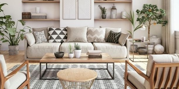 Neutral colour scheme living room with cream sofa and industrial coffee table