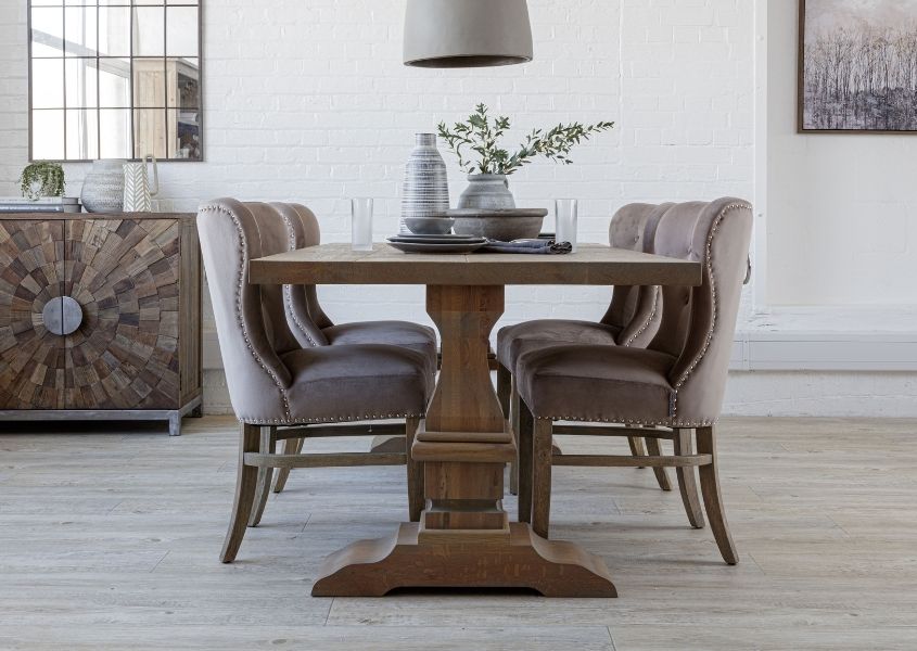 farmhouse dining table with grey fabric dining chairs