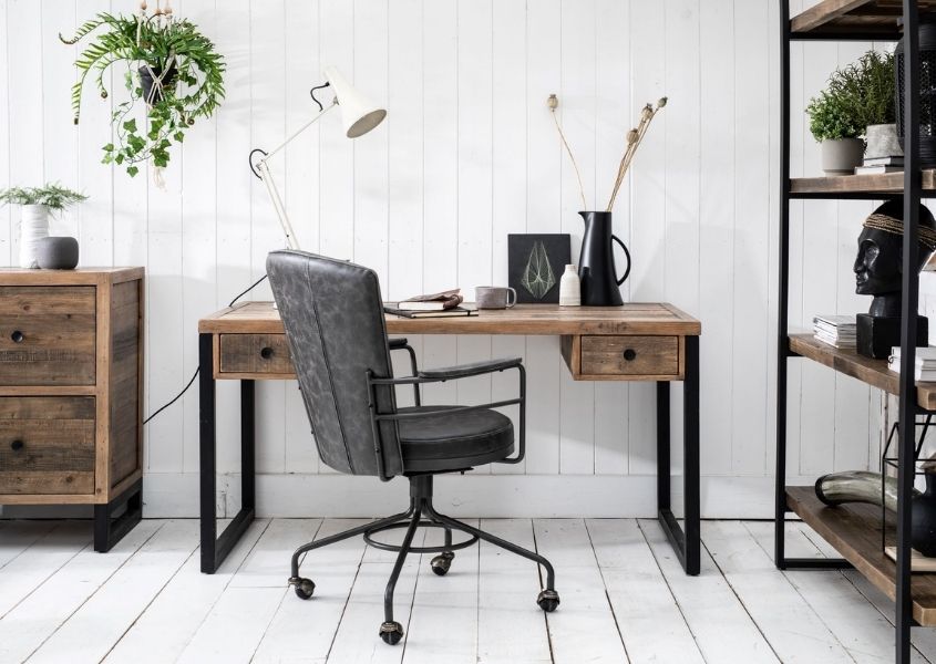 industrial desk with grey office swivel chair