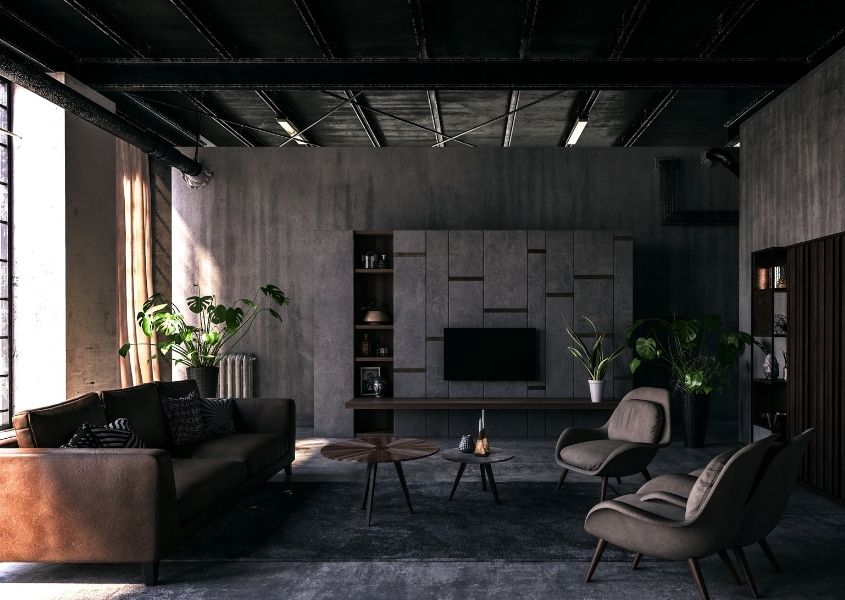 industrial style living room with dark walls