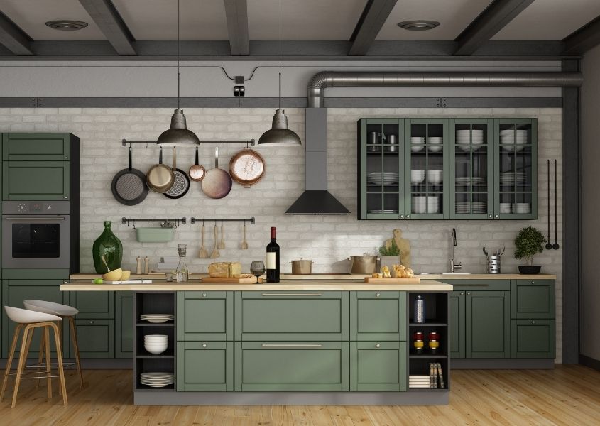green industrial style kitchen