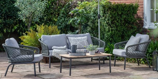 outdoor patio set with grey cushions