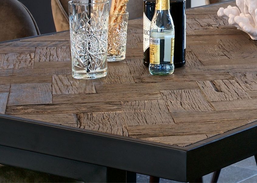 close up of reclaimed wood dining table