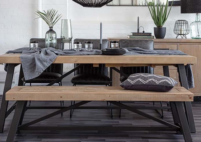 industrial dining table with industrial wooden bench