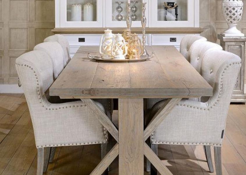 rustic dining table with white fabric dining chairs