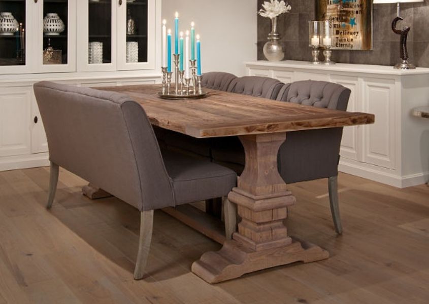 Rustic dining table with chunky refectory legs, grey fabric dining bench with back and matching upholstered dining chairs